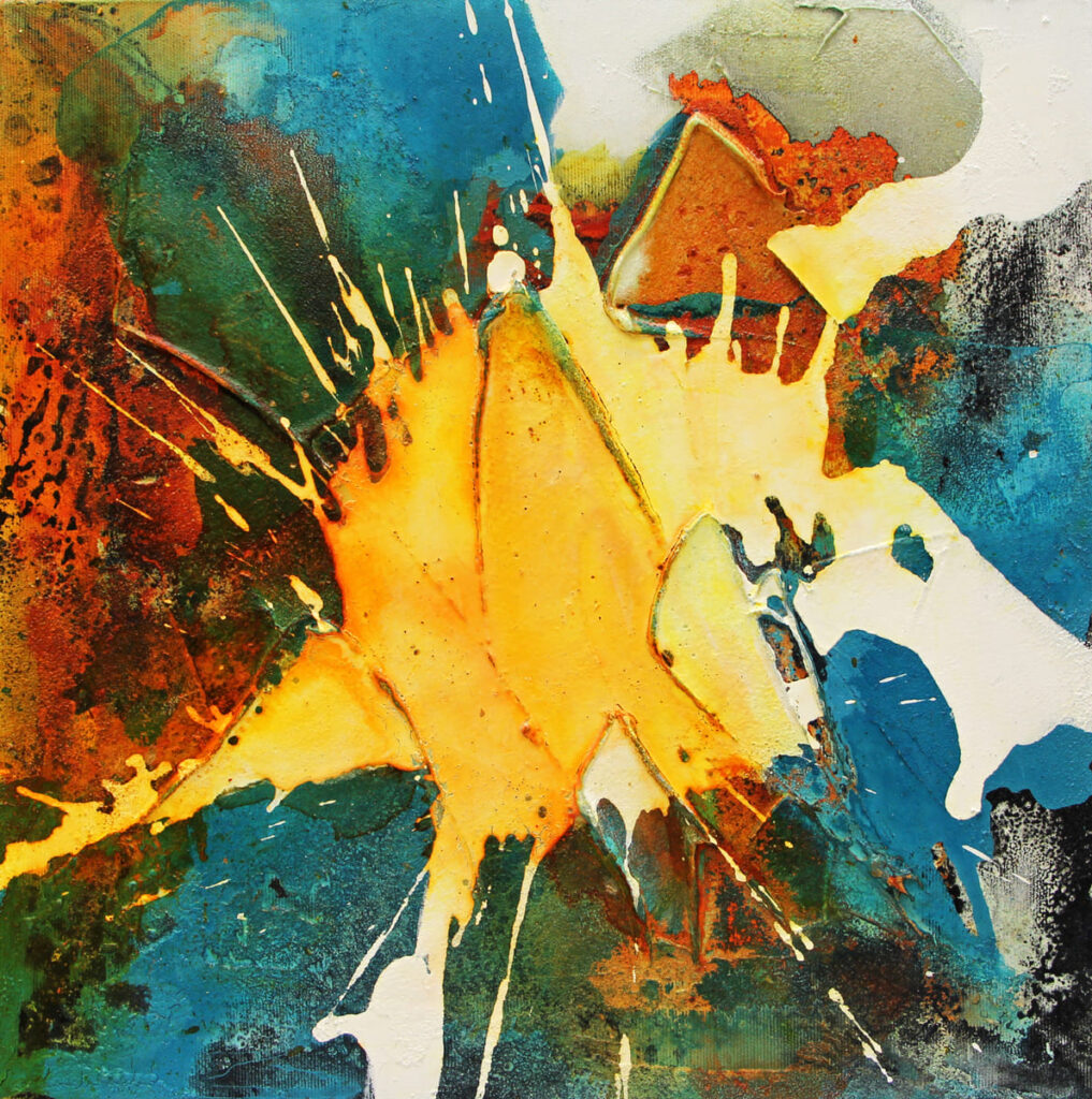 Judith-Zila-Kunst-Kunsttherapie-Galerie-2024-Kosmisches-Feuer-40x40-Acryl-Mischtechnik